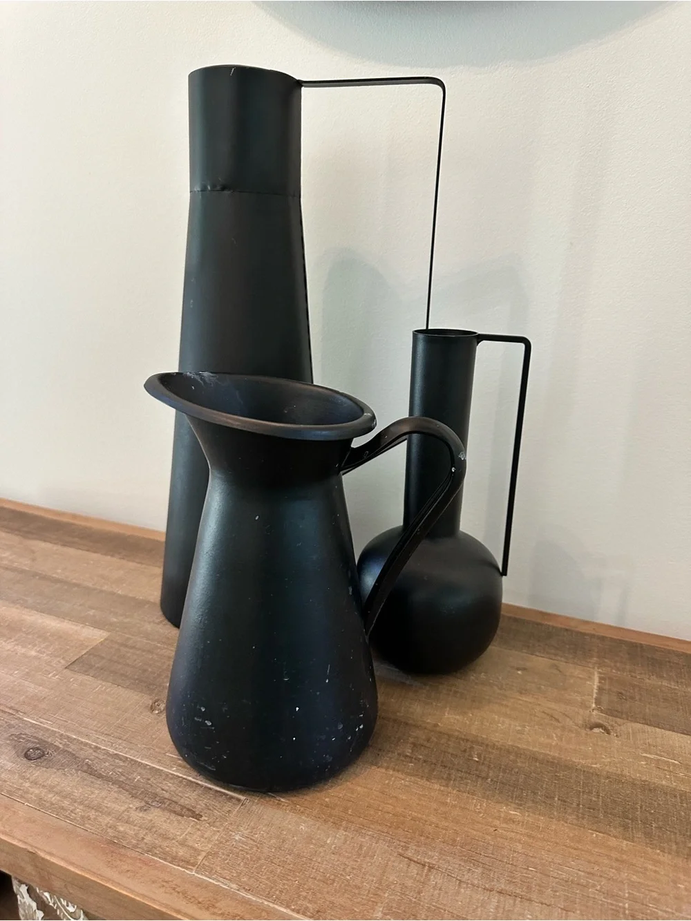 Black Matte Decorative Vases & Pitcher Set of 3 Powder Coated Iron Metal 9 - 16”